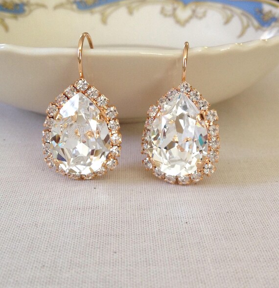 Pear halo crystal rose gold earrings halo crystal pear | Etsy