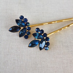 Navy Blue Rhinestone hair pins, set, pair, hair, accessory, rustic, rhinestone, gold, silver, blue, bridesmaid, gift, hair, something blue