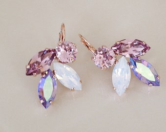 Light Mauve crystal earrings, crystal leaf earrings, bridal, rhinestone drop earrings, vintage wedding, light purple, mauve
