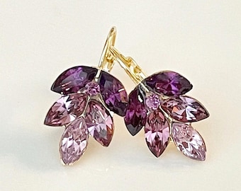 Swarovski Purple Mauve ombré leaf drop earrings, purple leaf earrings, bridal earrings, bridesmaid gift, Fall Autumn wedding, plum