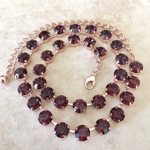 Swarovski 8mm round Burgundy crystal necklace, bridal, bridesmaid gift, vintage wedding, crystal tennis necklace, red, wine, rose gold