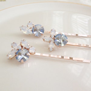 Dusty blue White Opal crystal hair pins, set of 3, bridal, something blue, bridesmaid gift, set of hair pins, bridal gift, hair accessories