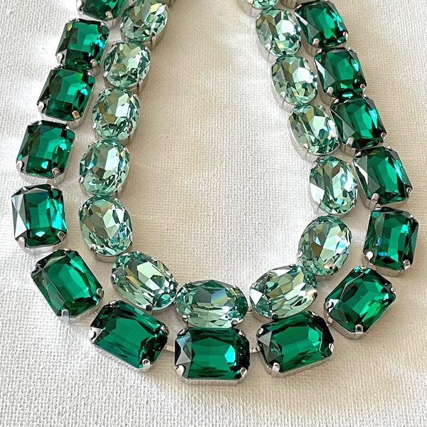Silver Shades of Green Crystal Statement Necklaces, Sea Foam Green Oval, Emerald Green Octagon/Rectangle, Anna Wintour layering necklaces