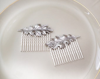Brushed silver leaf hair combs, Fall weddings, Autumn, pair, woodland, rustic, wedding, hair slide, hair accessory, silver, leaf, leaves
