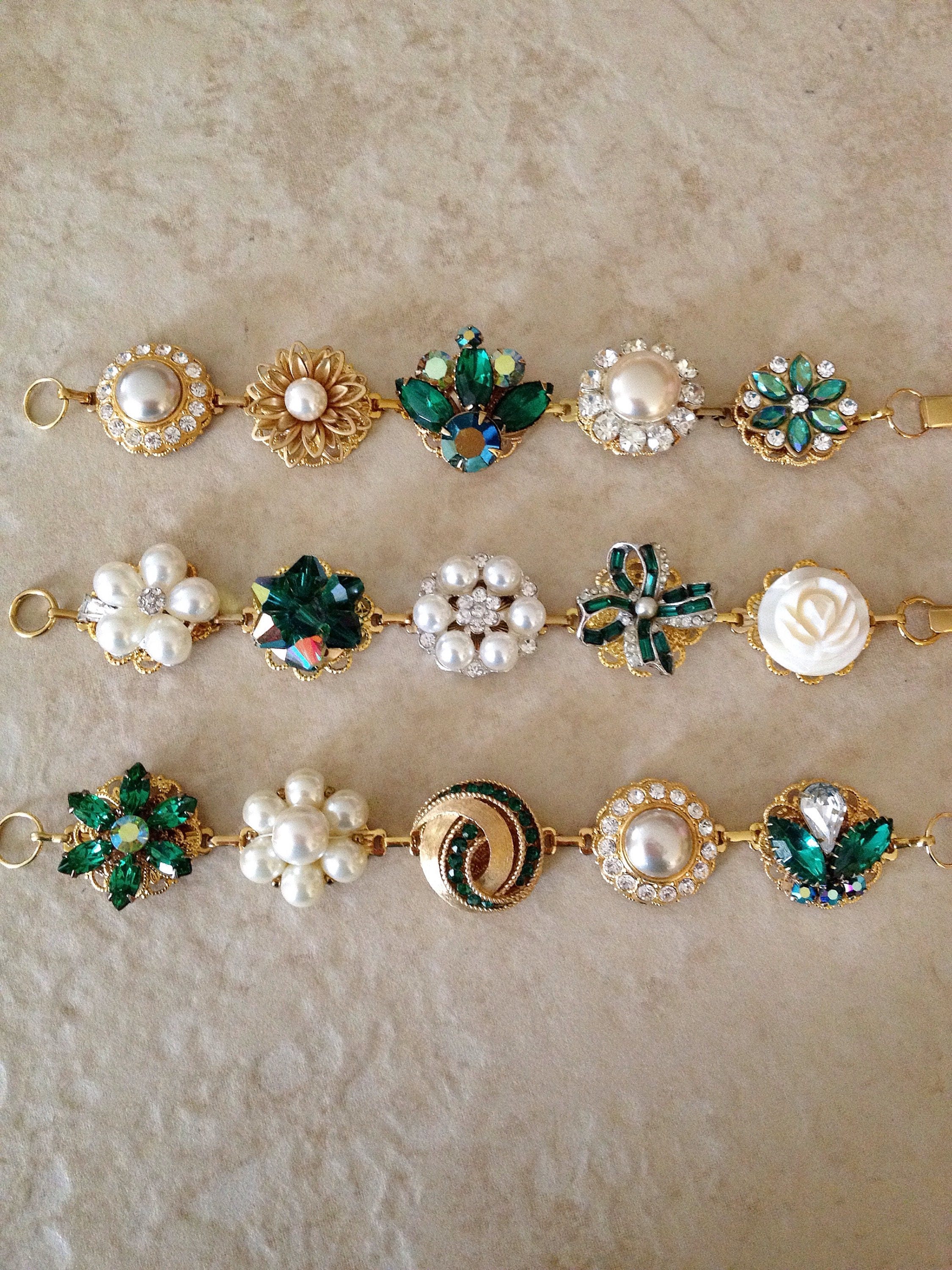 1 Emerald Green Gold Pearl Vintage Wedding Bracelets Bridesmaids