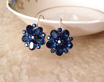 Navy blue crystal flower drop earrings, something blue, bridesmaid gift, vintage wedding, floral, flower, bridesmaid gift, blue, sapphire