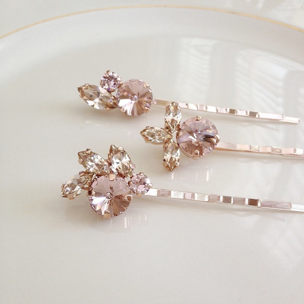 Morganite pink Pale champagne crystal hair pins, Swarovski crystal, bridal hair accessories, blush, bobby pins, bridesmaid gift