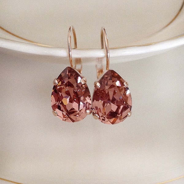 Light Burgundy crystal teardrop earrings, pear, simple, rhinestone drop earrings, vintage wedding, bridal earrings, burgundy