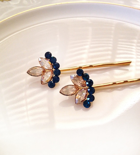 Navy Blue Champagne Crystal Hair Pins Set Pair Hair - Etsy Canada