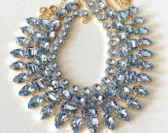 Light Sapphire Blue round crystal, large oval crystal, octagon, teardrop pear cut statement Anna Wintour style, collet, riviere, light blue