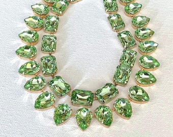 Peridot Green Crystal Statement Necklaces, Octagon, pear cut teardrop, rectangle, pear, layering, gold, Anna Wintour style necklaces