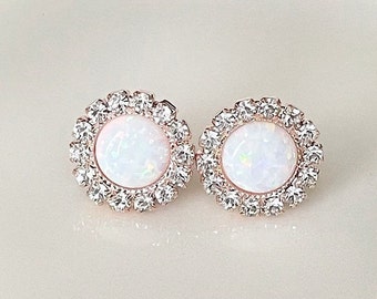 Opal earrings, halo earrings, lab created gemstone, post, stud, white, bridal earrings, rose gold, fire opal