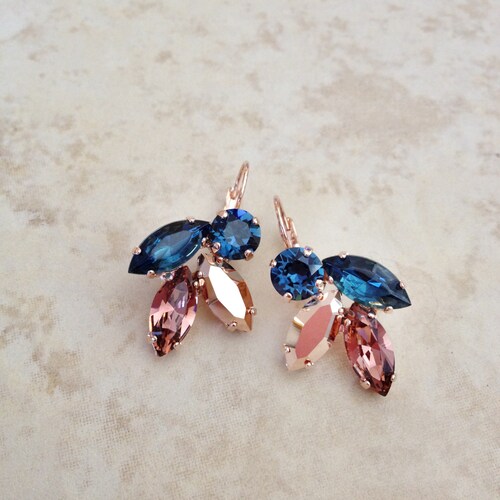 Navy Blue Rose Gold Light Burgundy Crystal Earrings Etsy