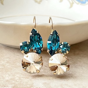 Champagne Rich Teal crystal earrings, Swarovski crystal, gold, bridal earrings, wedding jewelry, bridesmaid gift, something blue