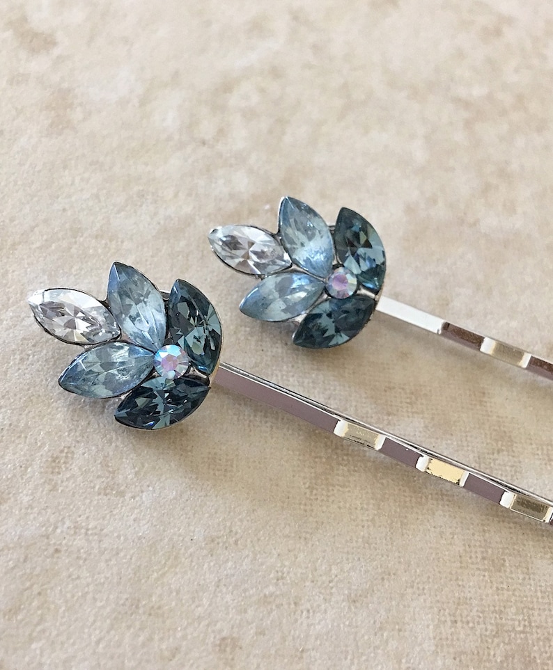 Dusty Blue Crystal Leaf Hair Pins Rhinestone Leaf Bobby Etsy