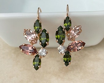 Olive green Light Burgundy Morganite pink crystal earrings, rhinestone leaf earrings, bridal earrings, wedding jewelry, bridesmaid gift