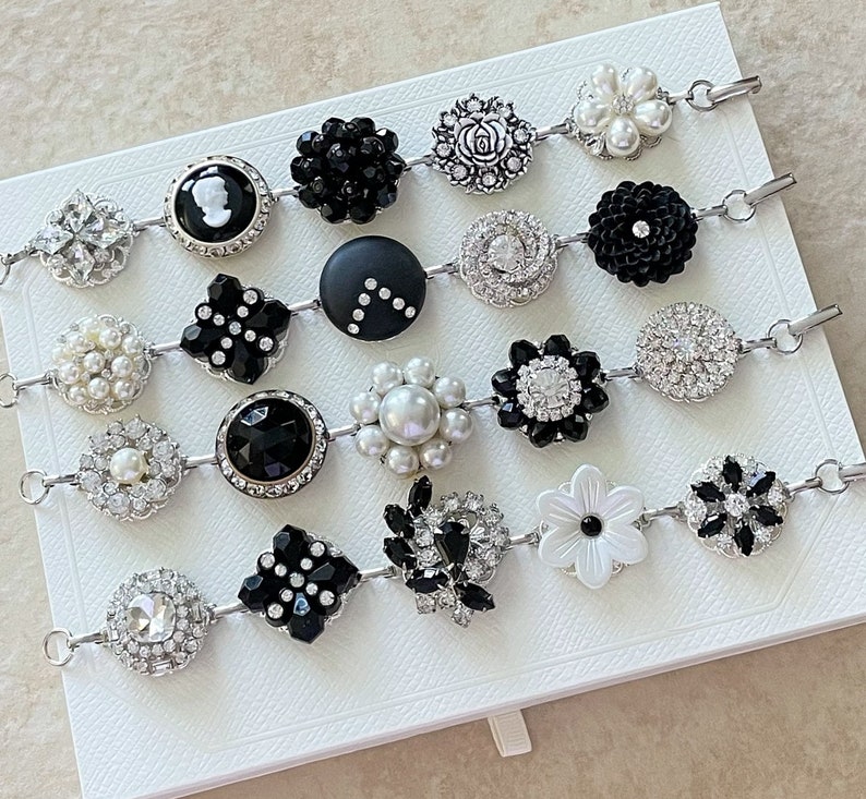 One black vintage earring bracelet, Vintage wedding, bridesmaid gift, cluster bracelet, bridesmaid bracelet, black, pearl, rhinestone, white image 3