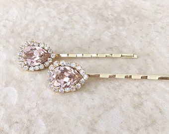 Morganite pink crystal hair pins, set, pair, hair, accessory, crystal, rhinestone, bridesmaid gift, hair, pink, bridal hair pins