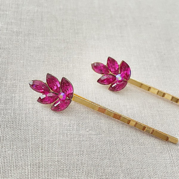 Fuchsia crystal leaf hair pins, Swarovski crystals, rhinestone leaf bobby pins, bridesmaid gift, bridal, hair, pink, hot pink, bright pink