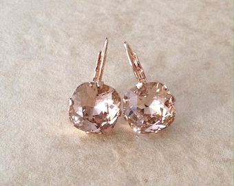 Swarovski Morganite pink 10mm cushion cut crystal earrings, blush, pink, rose gold, lever back, rhinestone drop, blush bridal earrings
