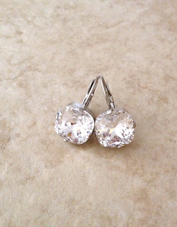 Sparkling clear 10mm cushion cut crystal drop earrings rhinestone drops bridal earrings bridesmaid gift square cushion cut silver