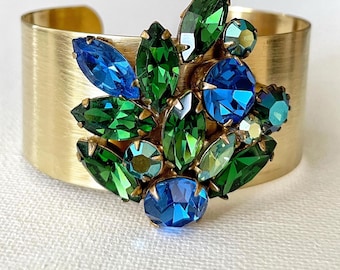 Statement Cuff Bracelets, shades of Green crystal cuff, Green and Blue marquise crystal cuff, repurposed vintage, old Hollywood glam