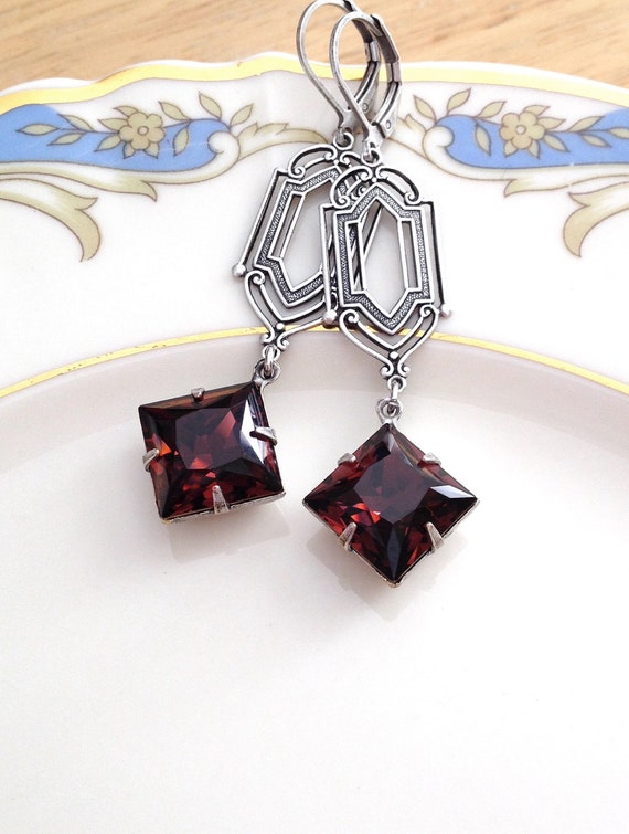 Burgundy Earrings Art Deco Style Long Earrings Bridal Earrings