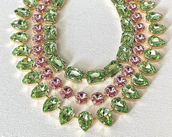 Light Rose, Peridot Green, statement necklaces, Anna Wintour style, collet, riviere, round, octagon, rectangle, pear, teardrop, layering