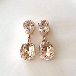 Swarovski Champagne crystal statement earrings, long earrings, clip on or pierced, teardrop, pear, bridal earrings, bridesmaid gift