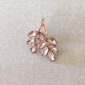 Morganite pink earrings, crystal leaf earrings, rhinestone drop earrings, bridesmaid gift, crystal leaf earring, morganite, pink