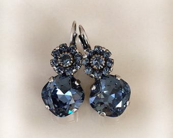 Denim blue crystal earrings, flower, floral, bridal earrings, bridesmaid gift, drop earrings, something blue, blue