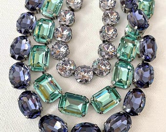 Dusty Purple, Sea Foam Green, Tanzanite Dark Purple, statement necklaces, Anna Wintour style, collet, riviere, layering statement