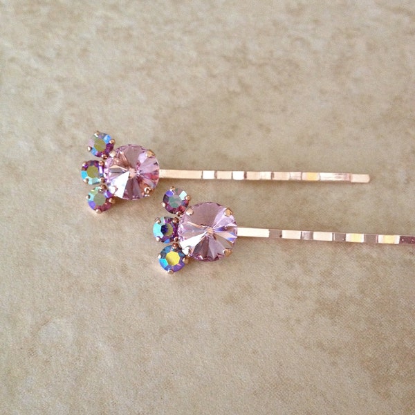 Pale mauve crystal hair pins, crystal leaf, blossom, bridal hair accessories, bridesmaid gift, bobby pins, set, light purple, light amethyst