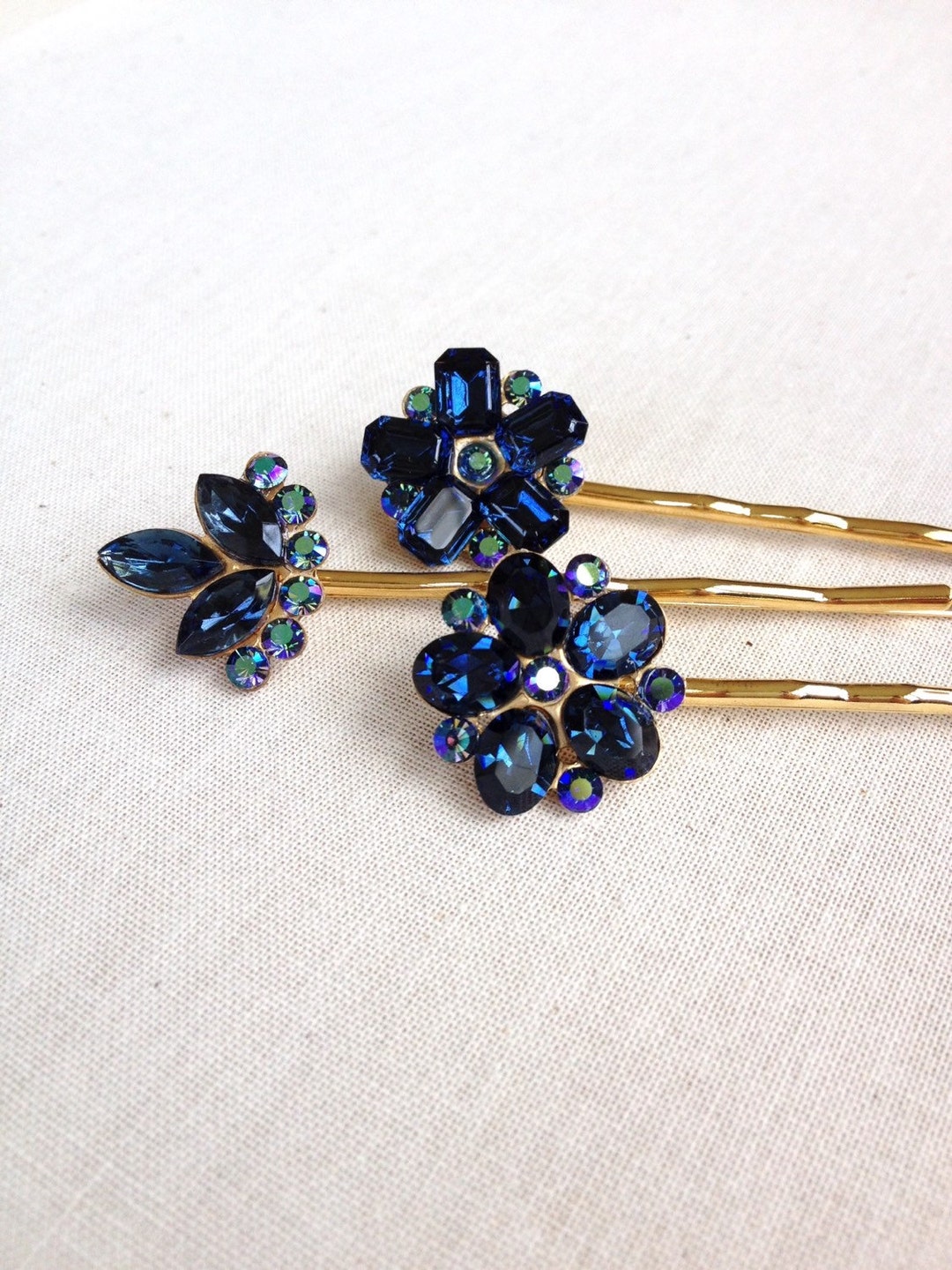 Navy Blue Rhinestone Hair Pins, Set, Gift, Hair, Accessory, Rustic