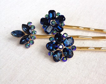 Navy Blue Rhinestone hair pins, set, gift, hair, accessory, rustic, wedding, rhinestone, gold, navy, blue, bridesmaid, hair