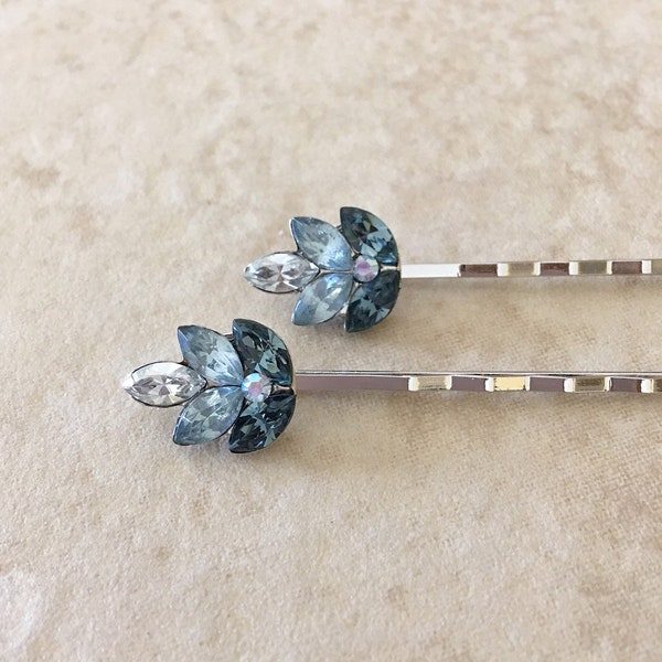 Dusty blue, crystal leaf hair pins, rhinestone leaf bobby pins, wedding, bridesmaid gift, bridal, hair, something blue, blue