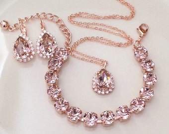 THE SET:  Bracelet, Earrings, Necklace, morganite pink, rose gold, crystal, tennis bracelet, bridal jewelry set, bridesmaid gift