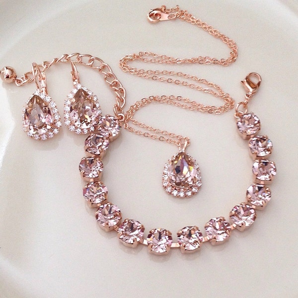 THE SET:  Bracelet, Earrings, Necklace, morganite pink, rose gold, crystal, tennis bracelet, bridal jewelry set, bridesmaid gift