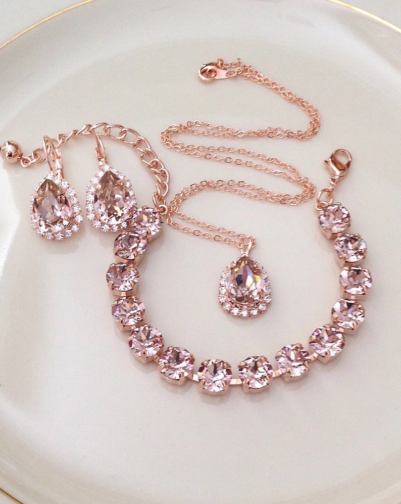 Bracelet, Earrings, Necklace, morganite pink, rose gold, crystal, tennis bracelet, bridal jewelry set, bridesmaid gift