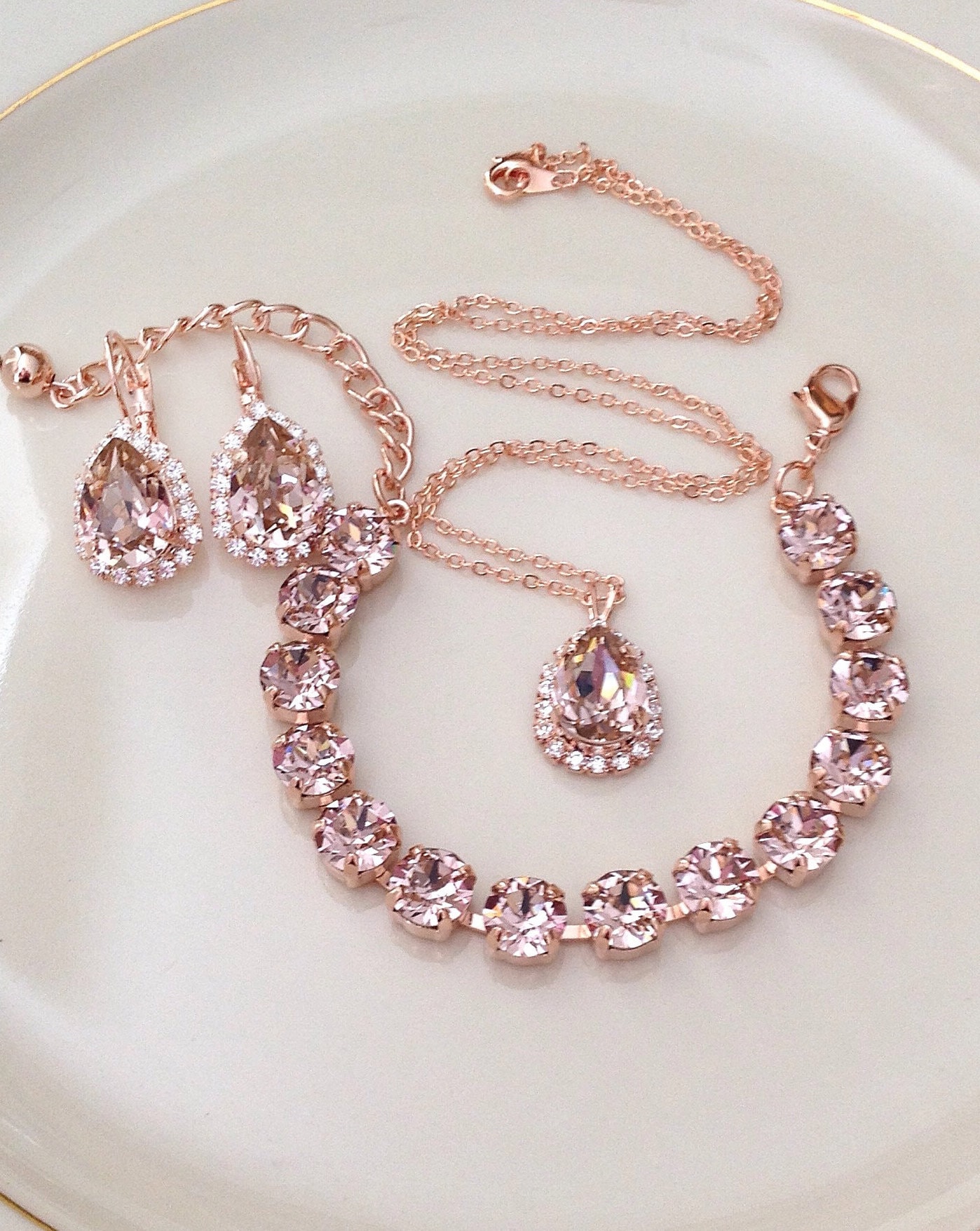 THE SET Bracelet Earrings Necklace Morganite Pink Rose Gold Crystal Tennis Bracelet Bridal Jewelry Set Bridesmaid Gift Etsy