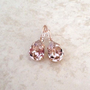 Swarovski morganite pink crystal teardrop earrings, pear, rhinestone drop earrings, vintage wedding, bridal, french rose, dusty rose, pink