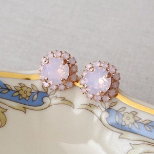 Blush earrings, Rose Water Opal halo stud earrings, pink crystal stud earrings, pink, stud, bridesmaid gift, bridal earrings, bridal jewelry