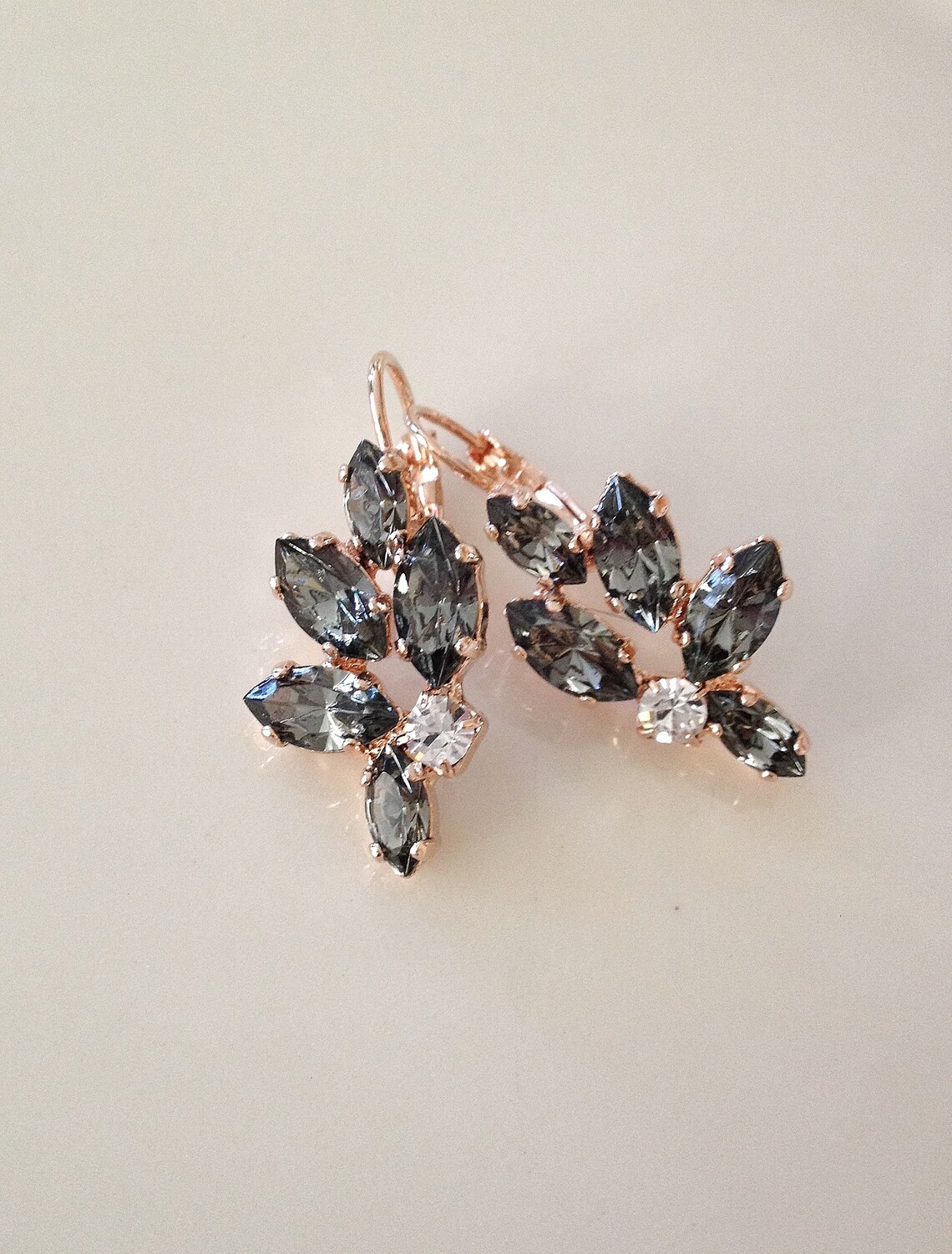 Gray Earrings Black Diamond Crystal Leaf Earrings Marquise Etsy