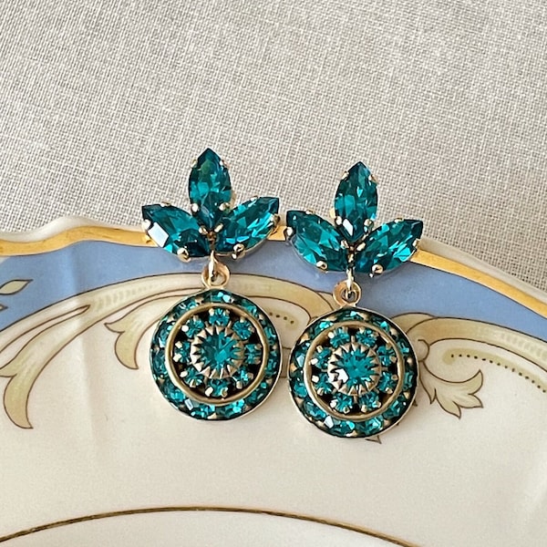 Deep Teal crystal drop earrings, rhinestone drop earrings, vintage wedding, bridal, Swarovski Blue Zircon, bridesmaid earrings gift