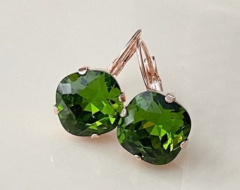 12mm Light Olive Green  cushion cut crystal earrings, bridal earrings, lever back, rhinestone drops, Green and rose gold earrings