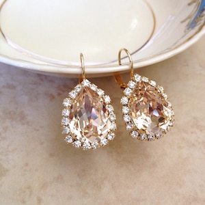 Swarovski champagne crystal teardrop halo earrings, champagne, gold, rhinestone drops, tear drop, vintage wedding, bridesmaid gift, pear