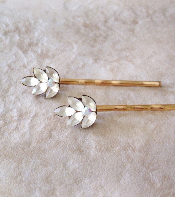 White Crystal Hair Pins, Vintage Crystal, Bridal Bobby Pins  display picture 2