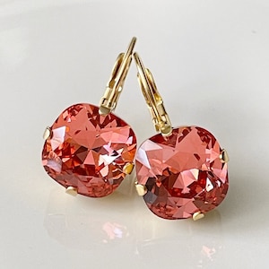 Swarovski Coral cushion cut crystal earrings, Swarovski Padparadscha crystal, rounded square, orange coral gold, lever back, rhinestone drop