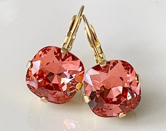 Coral cushion cut crystal earrings, Swarovski crystal, rounded square, orange, coral, gold, leverback, lever back, rhinestone drop
