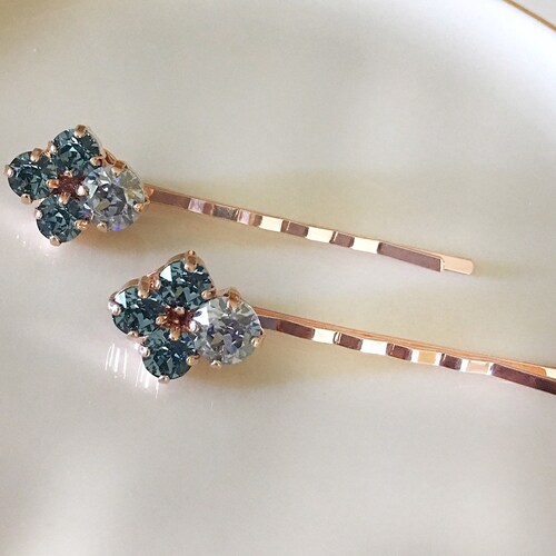 Dusty Blue Crystal Leaf Hair Pins Rhinestone Leaf Bobby Etsy